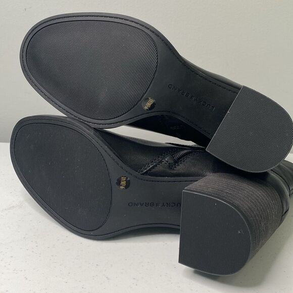 Lucky Brand Achelle Black Leather Bootie Silver Buckle Stacked Block Heel Zipper - Picture 6 of 15
